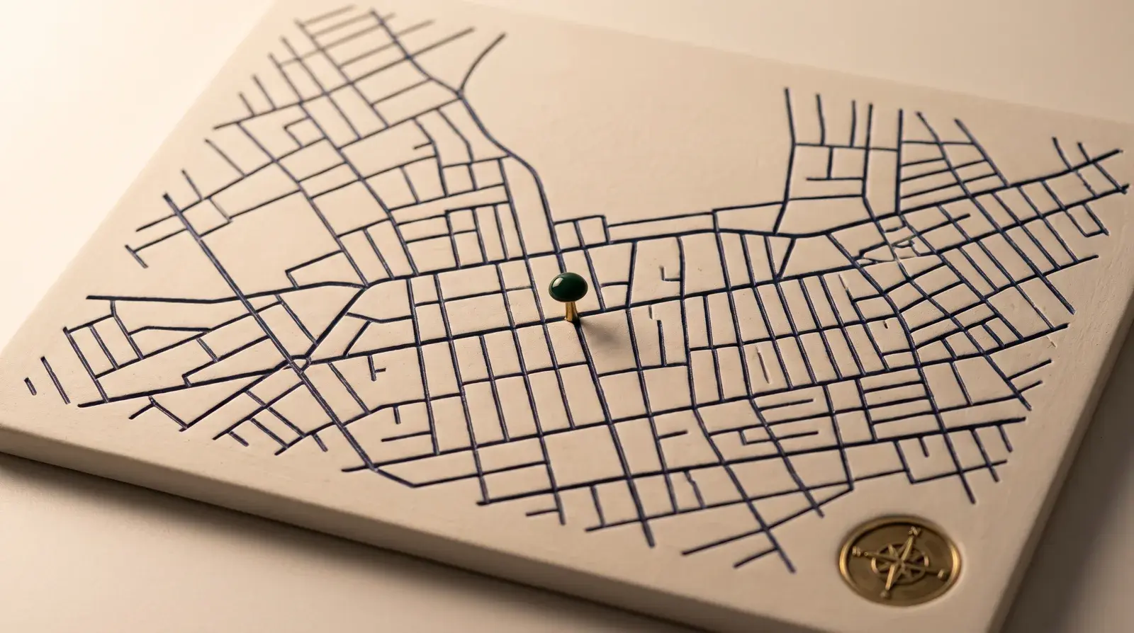 A fine engraved street-grid illustration with a single green pin marking a Marylebone junction