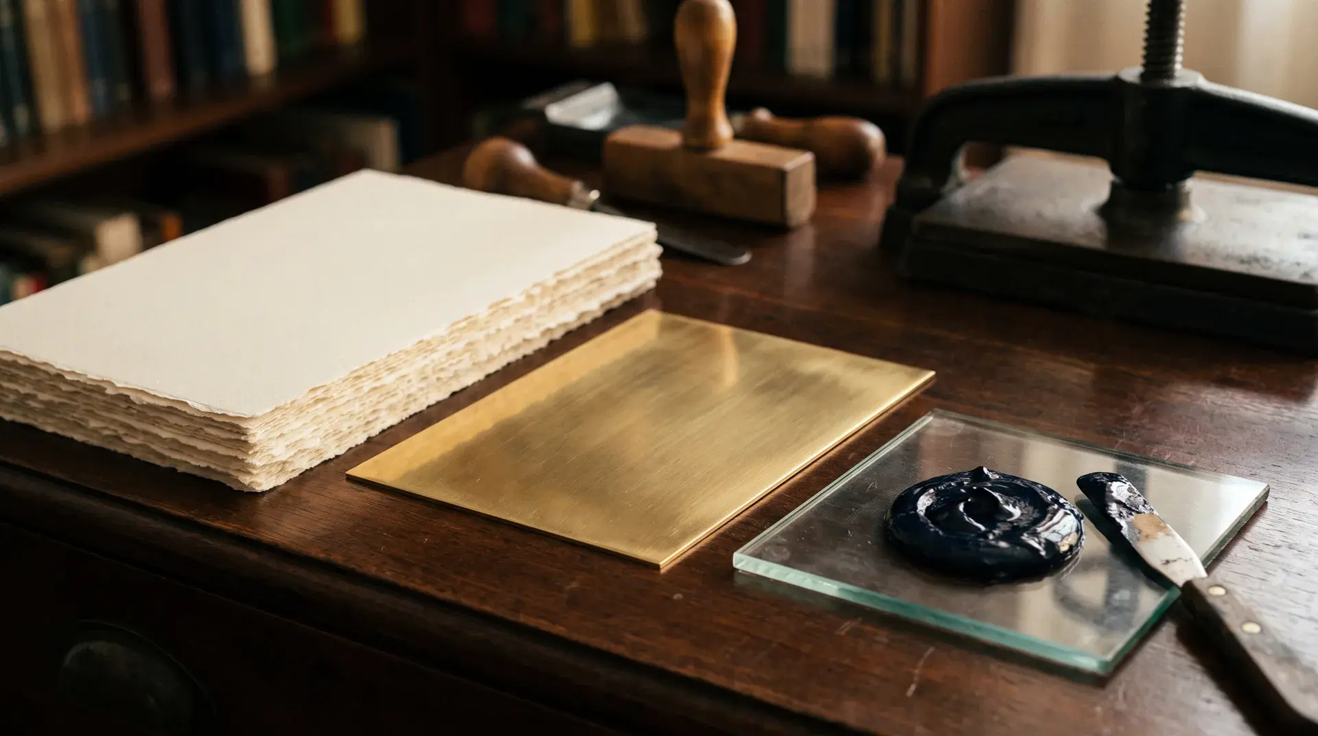 Cream cotton paper, a blank brass letterpress plate and deep navy ink on a glass slab