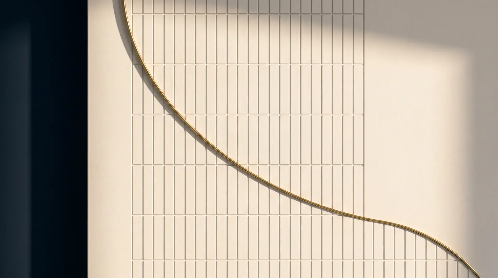 A porcelain relief carved with a fine grid, crossed by one sweeping brass curve
