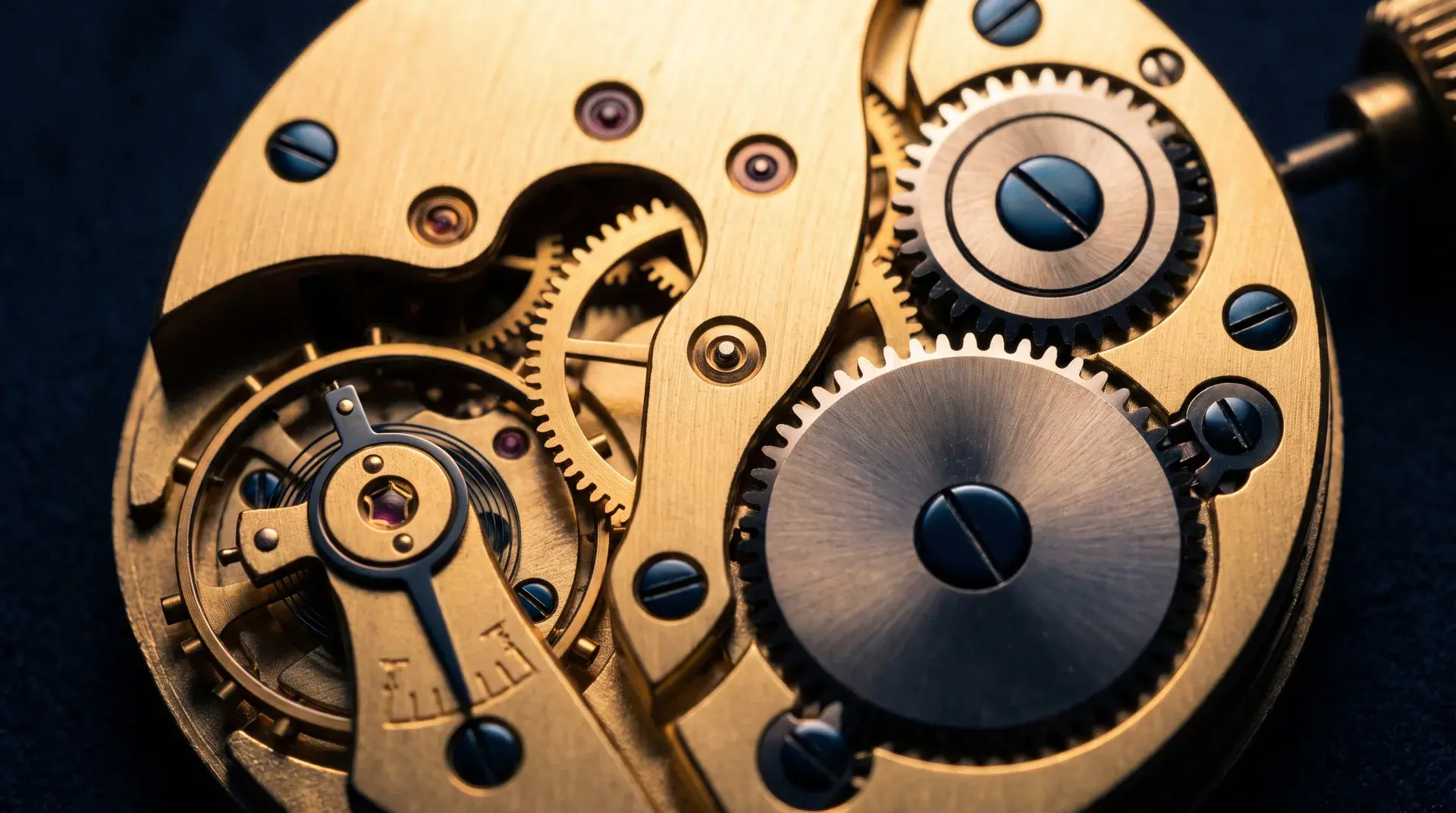 A precision watch movement with brass gears and navy-blued steel screws