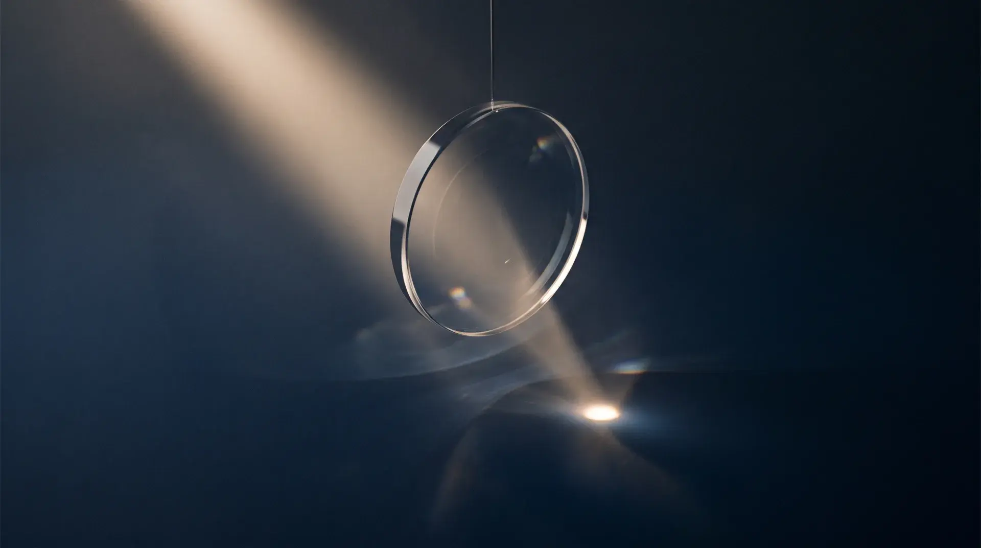 A glass lens focusing warm light to a single bright point on a deep navy surface