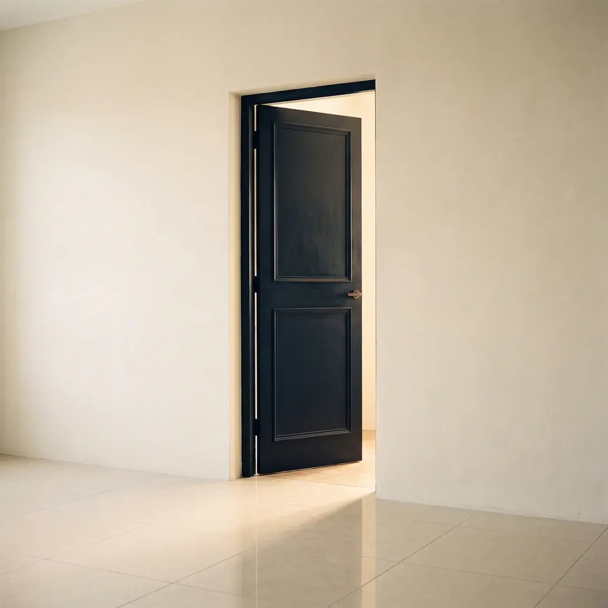A deep navy door standing ajar with warm light spilling through