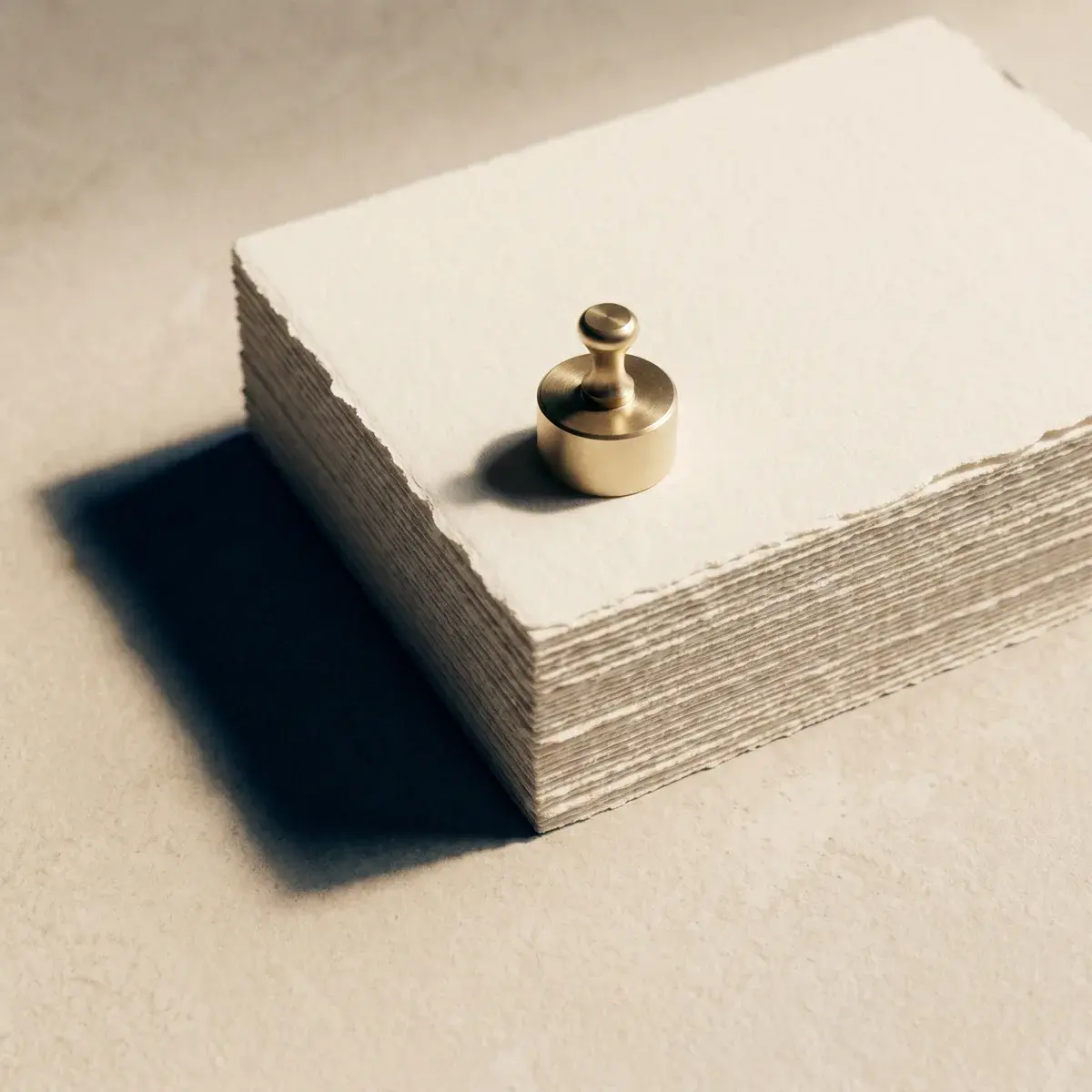 A stack of fine paper documents with a polished brass seal resting on top