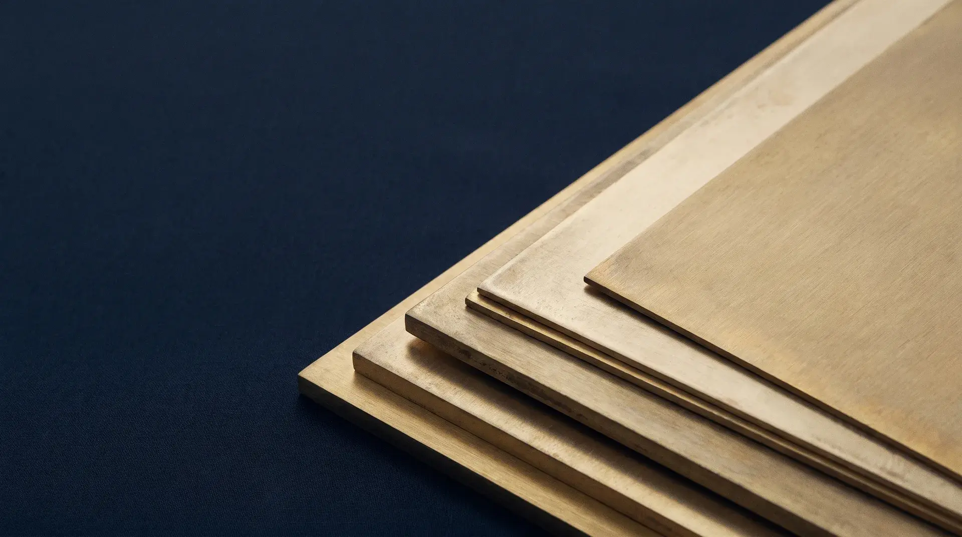 Layered brass sheets ascending across a deep navy field, like results building on each other